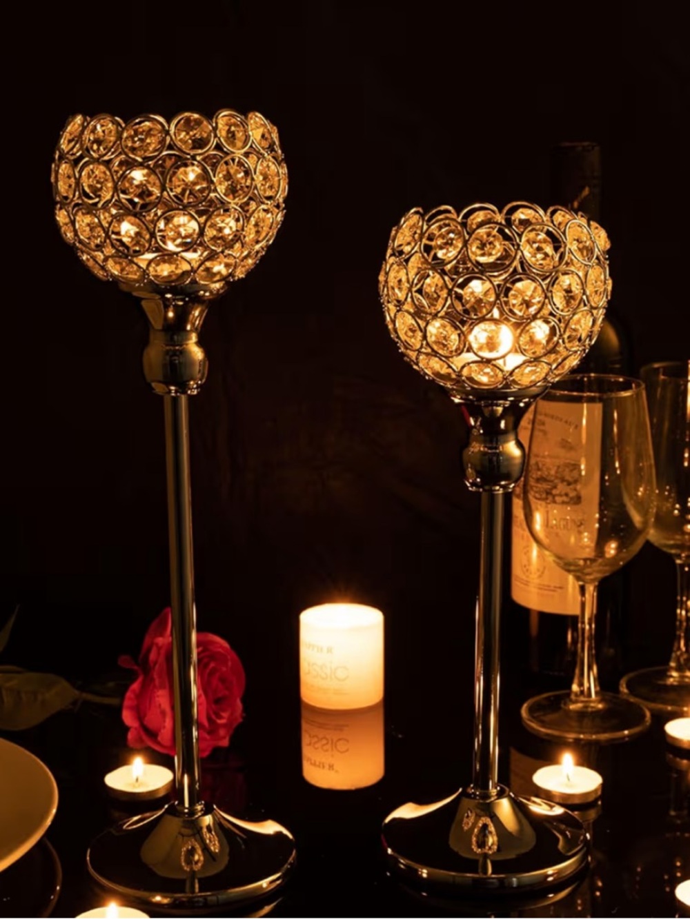 Set of 2 Silver Crystal Globe Votive Candle Holders